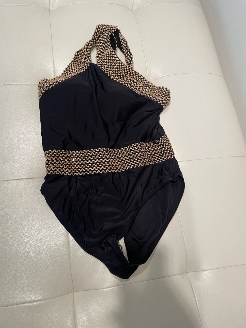 Black Swimsuit with Gold Chain Trim
